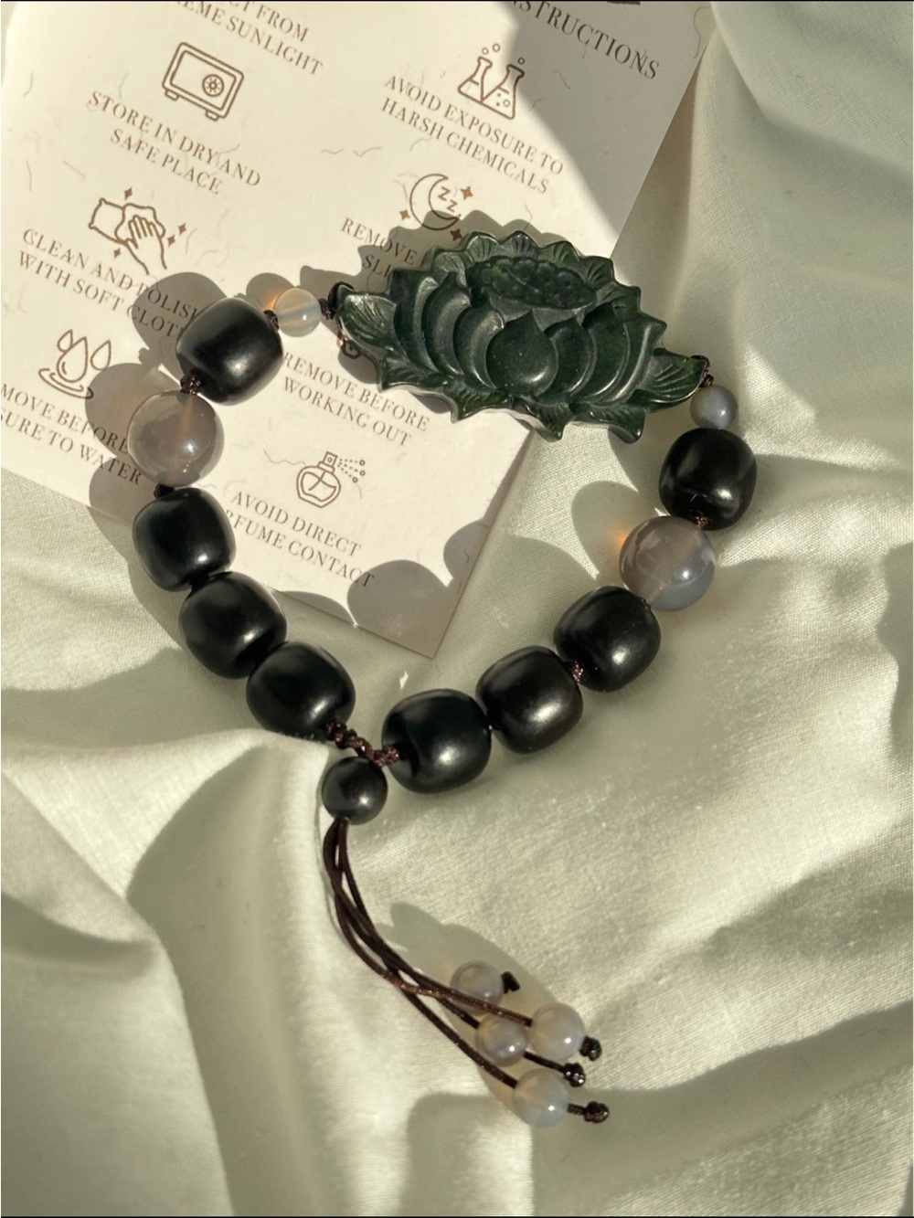 Adjustable Jade & Black Wood beaded Bracelet with Lotus Charm - Brand New
